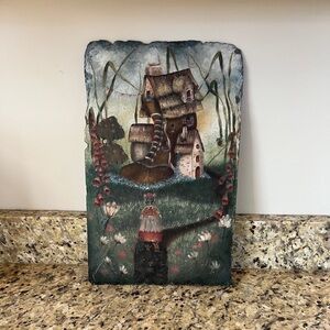 Signed Whimsical “Old Woman Who Lived in a Shoe"  Slate Art Baby Nursery Garden